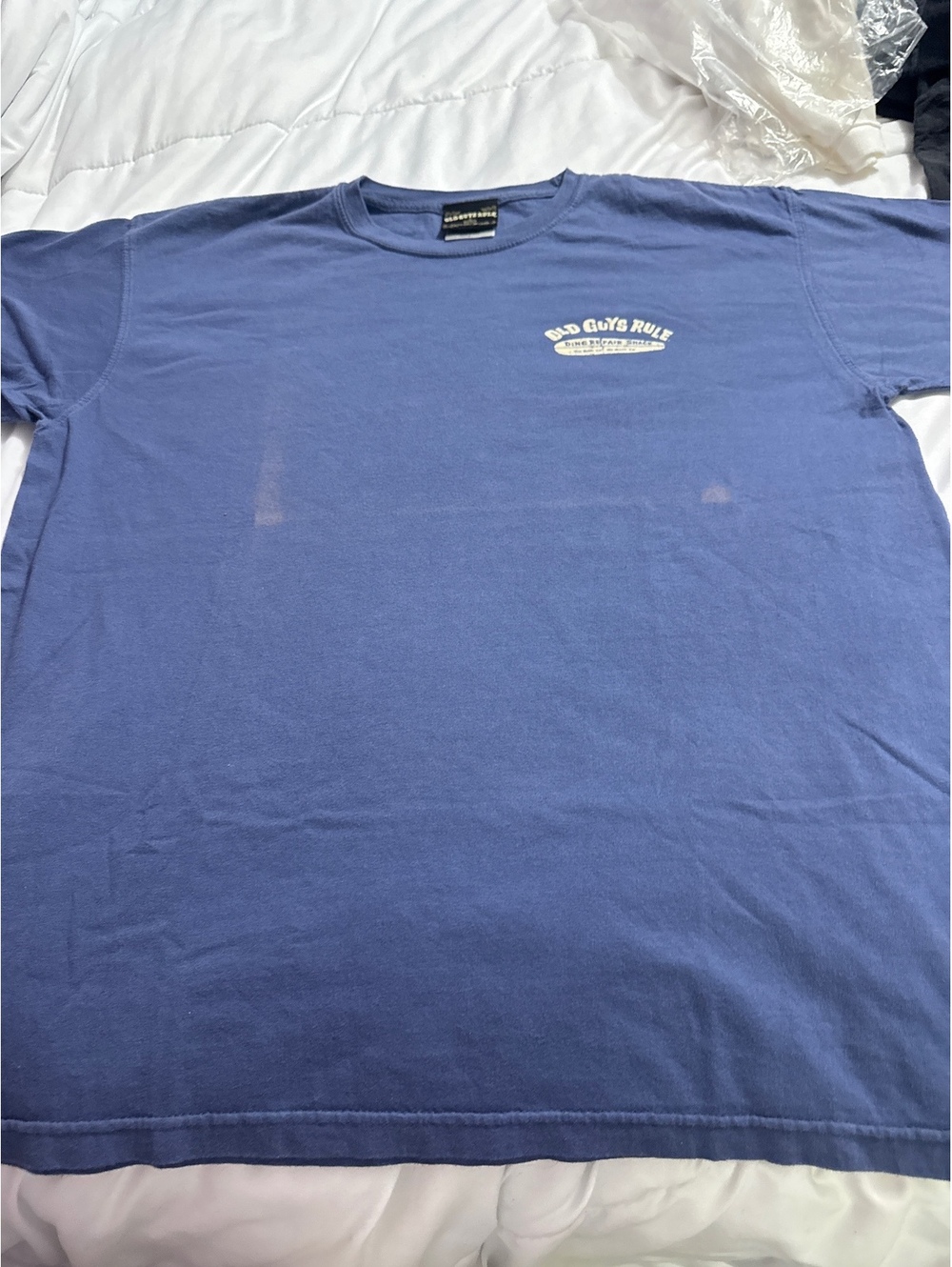 Old Guys Rule Vintage Goods Ding Repair Shack Blue T-Shirt Large